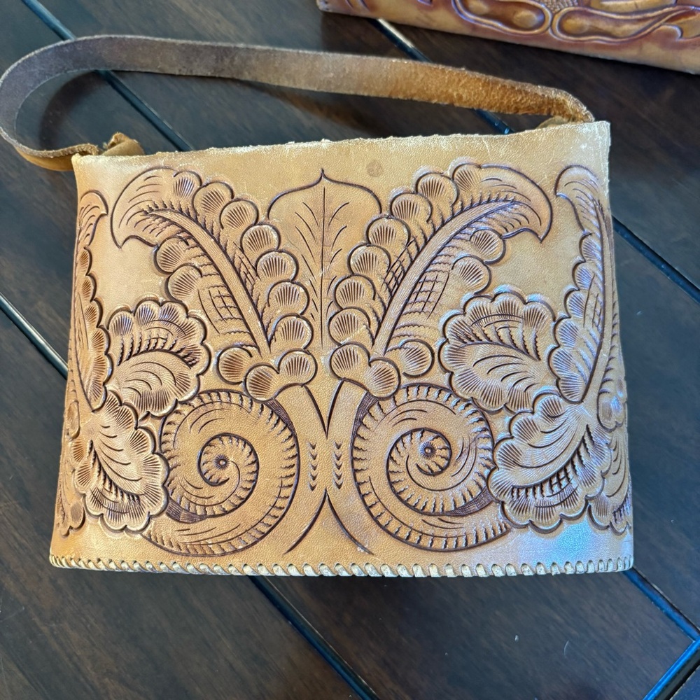 Vintage Handcrafted Mexican Tan Leather Bag Set Trio Genuine Cowhide Western - Picture 12 of 16